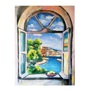 Window Painting Original Art Oil Painting Italian Landscape Amalfi Coast Painting Italy Painting Sea View Artwork Mediterranean Wall Art