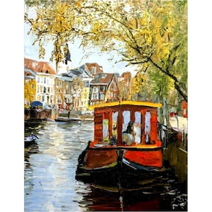 Amsterdam Oil Painting Original Art Dutch Cityscape Canal Artwork Dutch Landscape with Boat Living Room Wall Art Canvas Art Amsterdam Houses