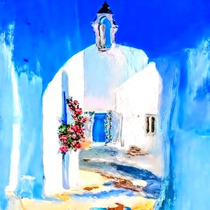 Santorini Painting Original Wall Art Greece Cityscape White Houses Painting Mediterranean Art Seaside Town Wall Art Coastal Artwork 10&quot;x 10&quot;