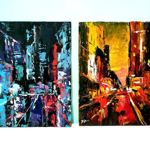 New York Painting Abstract Original Art Set of 2 Small Oil Paintings  NYC Manhattan Street Artwork New York Cityscape Impasto Painting