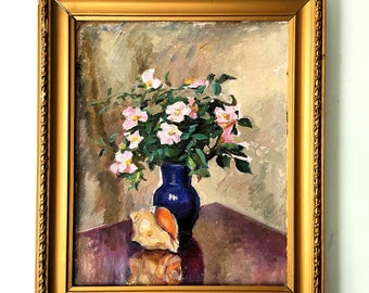 Still Life With Flowers in a Vase and Seashell Vintage Framed Oil Painting Original Art Soviet Art Flowers Painting Floral Art USSR Painting