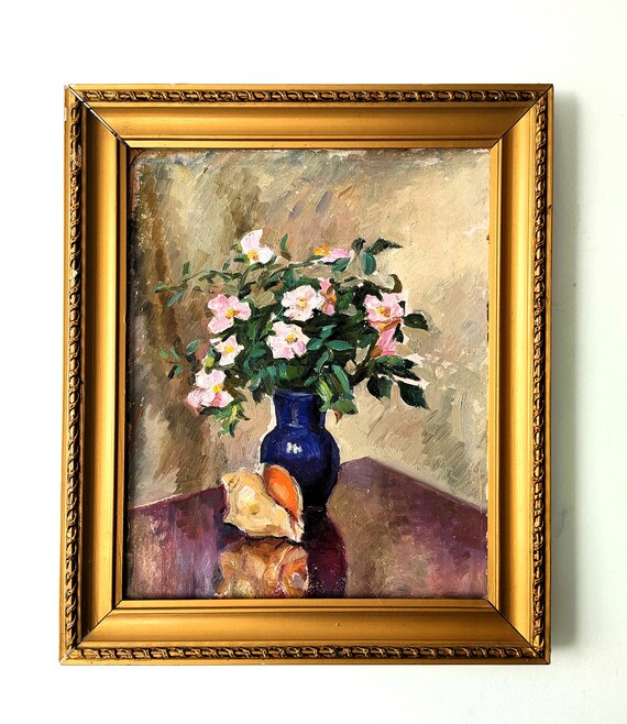 花瓶と貝殻の中の花のある静物画 ヴィンテージ 額入り油絵 オリジナル 