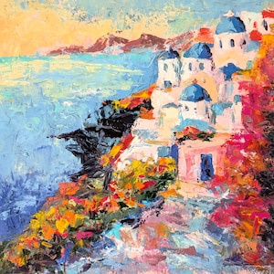 Santorini Oil Painting Original Art Greece Landscape White Houses Painting Mediterranean Art Seaside Town Wall Art Canvas Art 12" x 12"