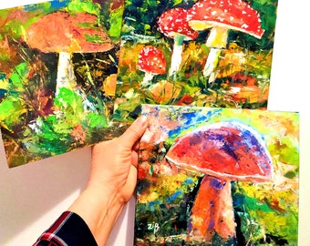 Mushrooms Painting Set of 3 Original Oil Paintings Fly Agaric Artwork Forest Painting Small Mushroom Artwork Colorful Painting 8"x 8"