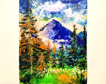 Mountain and Forest Painting Original Art Many Glacier Artwork Montana Landscape Pine Trees Impasto Painting Impressionist Art 10" by 8"