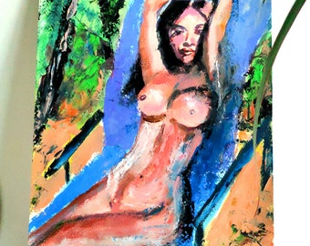 Naked Girl Original Oil Painting Erotic Nudity Art Naked Woman on a Sun Lounger Nu Art Beach Girl Original Artwork Girl in a Beach Chair