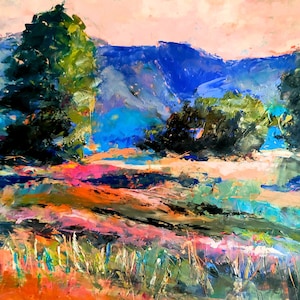 Mountain Oil Painting Original Art Colorful Painting Mountains Artwork Mount Rainer Landscape Pine Trees Painting Art with Mountains 8 x 10&quot;