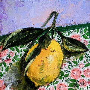 Pintura de limón, arte original, pequeña pintura al óleo sobre cartón, bodegón con limón, arte mural para la cocina, obra de arte de limón, 20 x 20 cm, de VeraZartShop