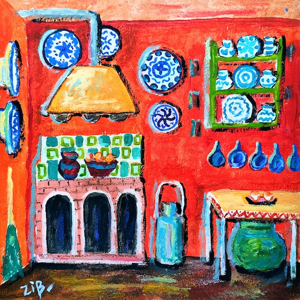 Mexican Rustic Kitchen Painting Original Art Mexico Painting Interior Still Life  Colorful Acrylic Painting Mexican House Artwork 10"x 10"