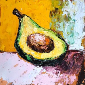 Natureza morta com abacate pintura a óleo arte original pintura de comida com vegetais arte de parede de cozinha pintura de abacate pintura impasto 8 x 8"