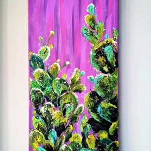 Caribbean Cactus Original Oil Painting Mexican Painting Abstract Art Blooming Cacti Canvas Art Impasto Painting 24 by 12 by VeraZartShop