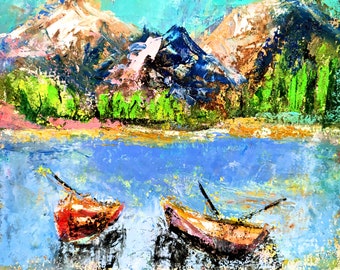 Peinture de montagne, oeuvre d'art originale de montagnes et de rivière, paysage du Colorado, peinture à l'huile abstraite, bateaux de rivière, peinture 10 x 8 po.