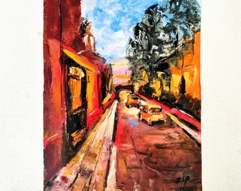 Evening Cityscape Original Oil Painting Mexican Street Artwork Original Art Small Abstract Painting Sunset Painting 10" x 8"