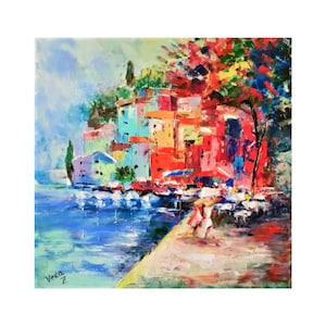 Paisaje italiano original, pintura al óleo, costa de Amalfi, paisaje marino, paisaje urbano, arte mural, lienzo, pintura empastada, ciudad costera, 61 x 61 cm