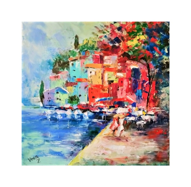 Peinture à l'huile originale de paysage italien de la côte amalfitaine, peinture de paysage marin, paysage urbain, art mural, toile, empâtement par VeraZartShop image 1