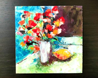 Small Oil Painting Flowers in a Vase Original Art Impasto painting Still Life with Lemon and Flowers Vase Artwork Colorful Painting 6" by 6"