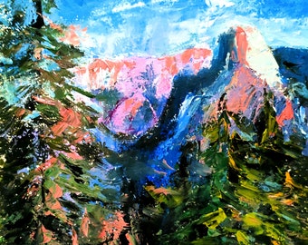 Yosemite Painting Original Art Mountain Oil Painting Pine Trees Artwork Mountain Landscape Small Wall Art with Mountains and Forest 8"x 8"