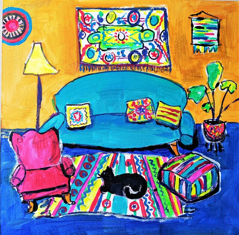 Mexican House Painting Original Art Living Room Scene Colorful Acrylic