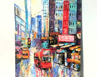 New York Oil Painting Original Art New York Cityscape Red Bus Painting Colorful Wall Art NYC Painting Abstract Art Rainy City Painting