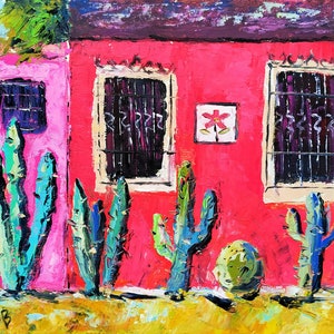 Pintura al óleo original de Casa Roja y Cactus, Arte Popular Mexicano, Casa Colorida de México, Jardín de Cactus, Arte Original, 8" x 10"