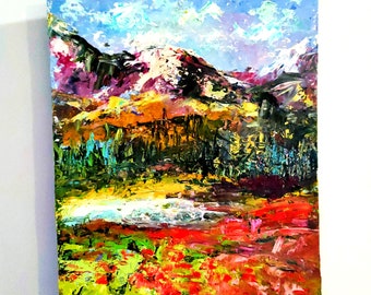 Montagne et coquelicots peinture à l'huile art original coquelicots rouges oeuvre Californie paysage montagnes empâtement peinture art abstrait 14" par 11"