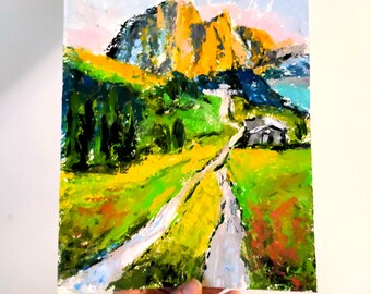 Mountain Painting Original Art Switzerland Landscape Mountains Artwork Meadows Painting Swiss Alps Painting Impressionist Art 10" by 8"