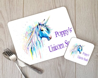 Custom Unicorn Placemat and Coaster Set, Childrens Placemat, Unicorn Table Setting, Unicorn, Placemat and Coaster Set, Girls Placemat Set