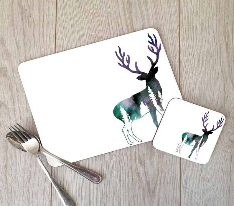 Woodland Stag Hardboard Placemat and Coaster Set Stag Table Etsy UK