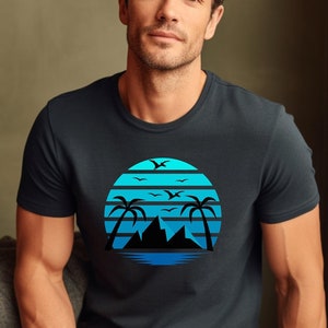 Palm Trees Pterodactyls T-shirt Men Women Retro Ocean Beach Mountains Gift Tee