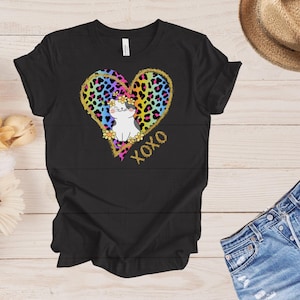 Cat Heart Tshirt Women&#39;s Graphic Tee XOXO T-Shirt Gift Kitty Top Leopard Print Rainbow Gold