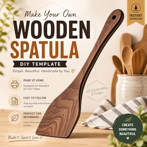 May include: A dark brown wooden spatula DIY template with text reading Make Your Own WOODEN SPATULA DIY TEMPLATE, Print at Home Designed for Standard 8.5x11 Paper, Easy to Follow, and Perfect for Beginners. The design features a wood grain pattern.