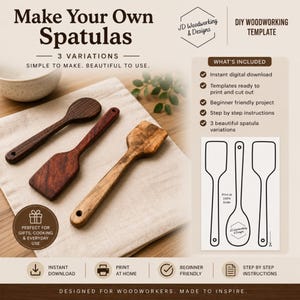 May include: A DIY woodworking template for three spatula variations by JD Woodworking & Designs. Includes a digital download, printable patterns, and step-by-step instructions. The image displays three finished wooden spatulas with distinct grains.