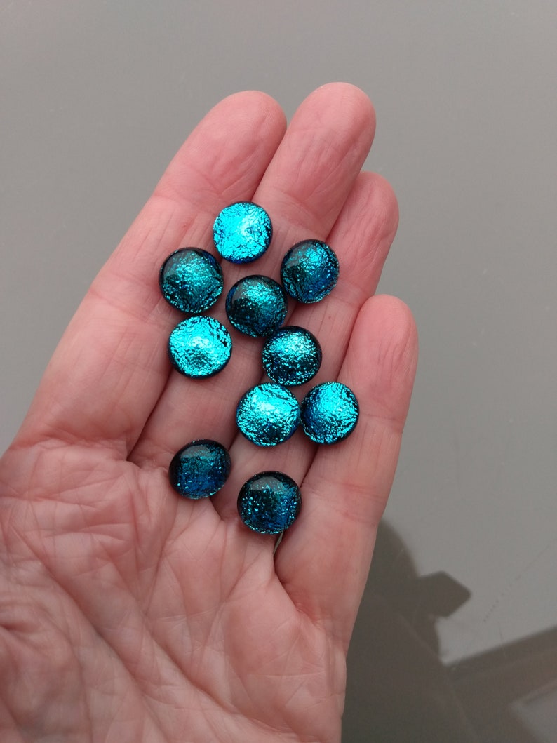 Set of 10 x Approx 12mm Dichroic Glass Cabochons, Blue Cabochons, Art Glass Cabochon, Circle Cabs, Cabochon Pairs, Jewellery Making image 2