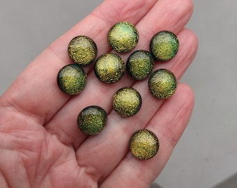 Set of 10 x Approx 12mm Handmade Dichroic Glass Cabochons, Yellow / Gold Cabochons, Art Glass Cabochon, Circle Cabs, Cabochon Pairs