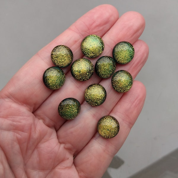 Set of 10 x Approx 12mm Handmade Dichroic Glass Cabochons, Yellow / Gold Cabochons, Art Glass Cabochon, Circle Cabs, Cabochon Pairs