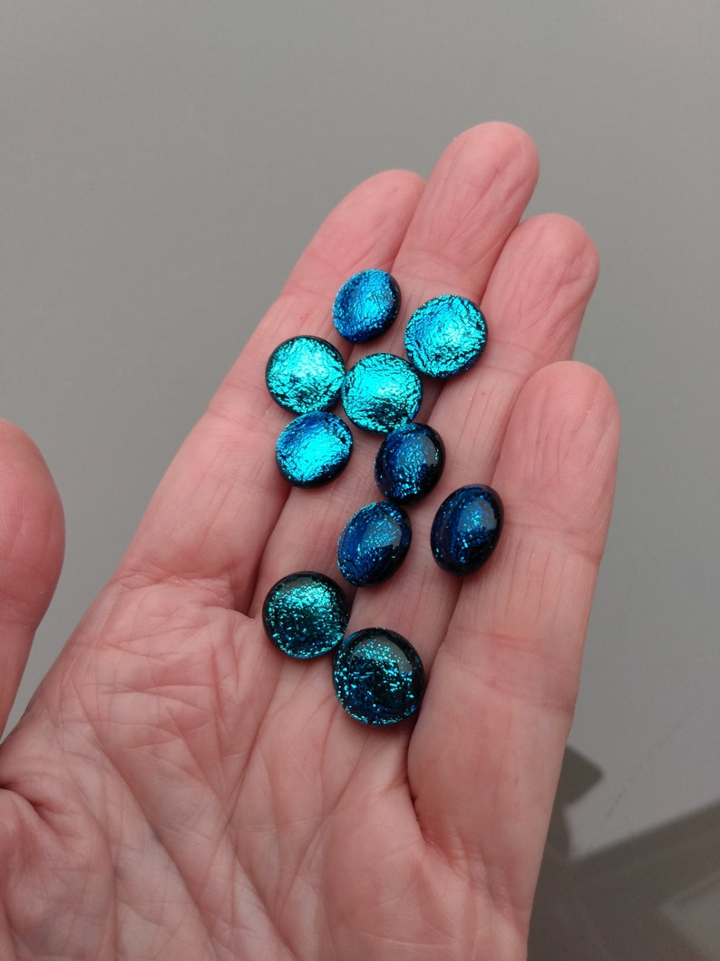 Set of 10 x Approx 12mm Dichroic Glass Cabochons, Blue Cabochons, Art Glass Cabochon, Circle Cabs, Cabochon Pairs, Jewellery Making image 3