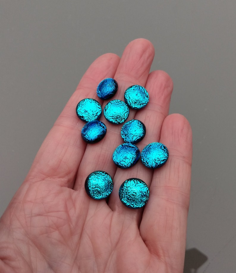 Set of 10 x Approx 12mm Dichroic Glass Cabochons, Blue Cabochons, Art Glass Cabochon, Circle Cabs, Cabochon Pairs, Jewellery Making image 1