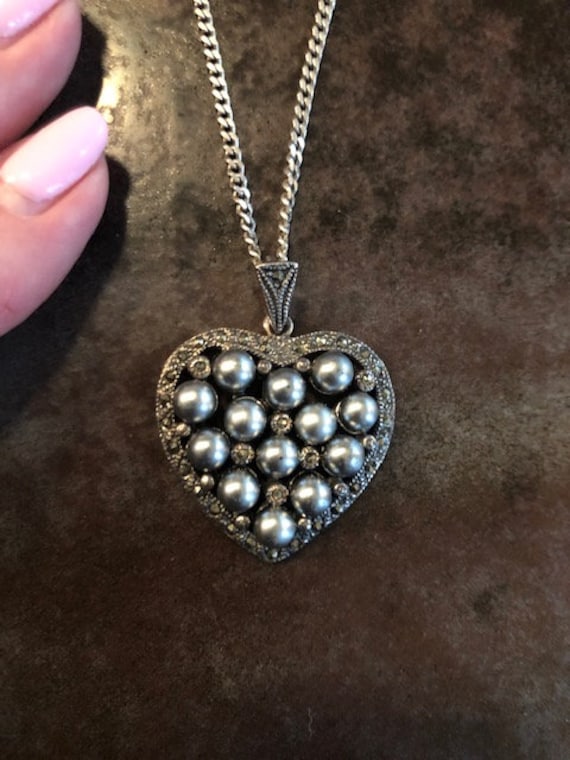 Vintage Sterling Heart Locket Accented With Marcasites and  Antique  Sterling Silver  925 marcasite and black Pearl Heart Necklace 1900 display picture 1