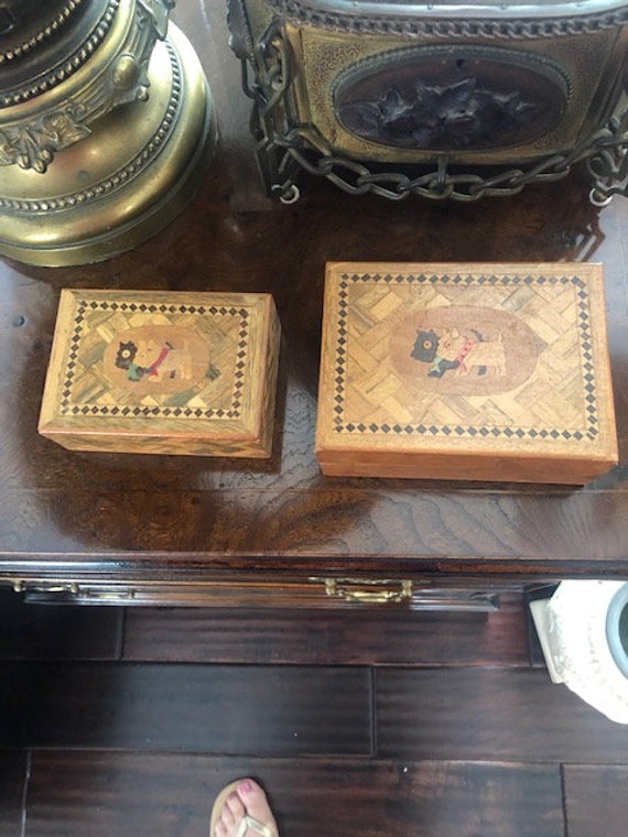 Adorable pair of Art Deco  MARQUETRY SCOTTIE Dogs 