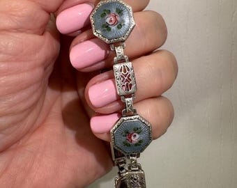 Gorgeous Antique  ART DECO Sterling CLOISONNÉ Roses Bracelet - circa 1920