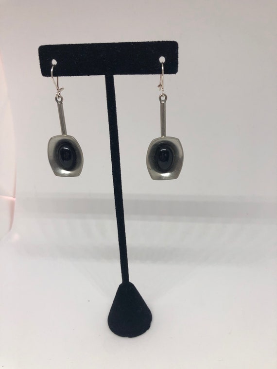 Mid Century Scandinavian onyx pewter earrings (ci… - image 1