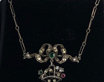Antique EDWARDIAN Sterling Dangling Flower Basket Necklace (circa 1901-1910)