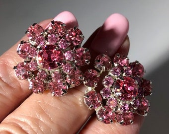 Vintage 1950 Screw Back Hot Pink crystals and Sterling 925 JAY FLEX earrings