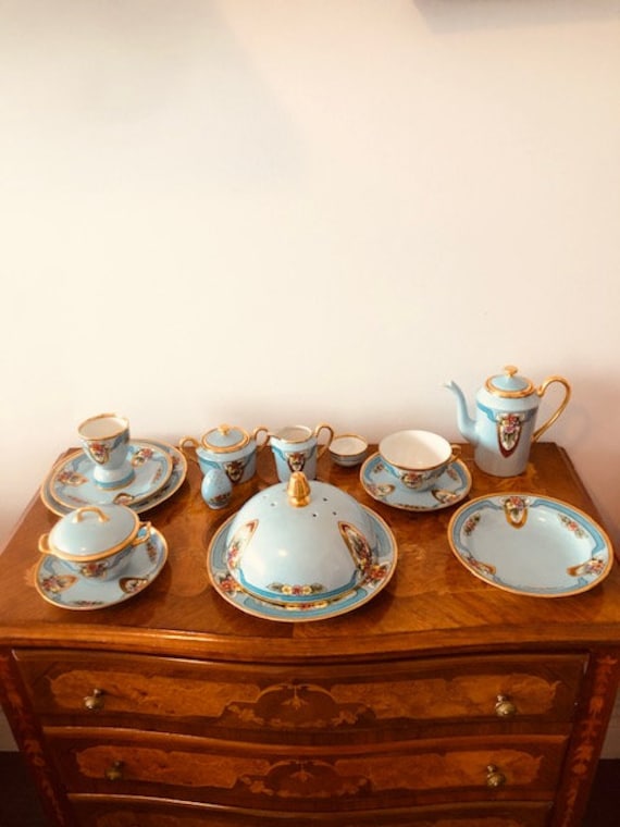 Exquisite  Vintage Art Deco Style Signed BREAKFAST SET for one person - Limoges France - circa 1950's