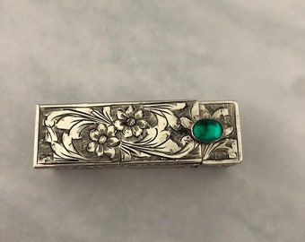 Vintage Hollywood Glamour LIPSTICK CASE and MIRROR in silver 800 adorned with a green stone   (circa 1940)