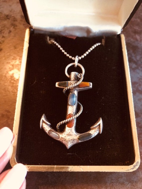 Antique Victorian SCOTTISH AGATE ANCHOR Nautical Necklace Silver
