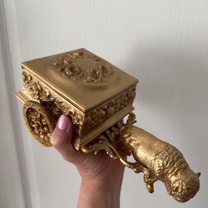 Antique (Victorian Era) BUFFALO Metal Jewelry BOX (Pulling a box of roses) - Circa 1840