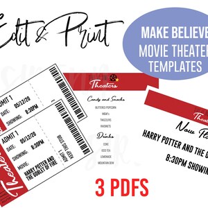 May include: Printable movie ticket templates for a pretend movie theater. The tickets are red and white with a star and a film reel. The text on the tickets says "Theaters" and "Admit 1". The text on the template says "Make Believe Movie Theater Templates".