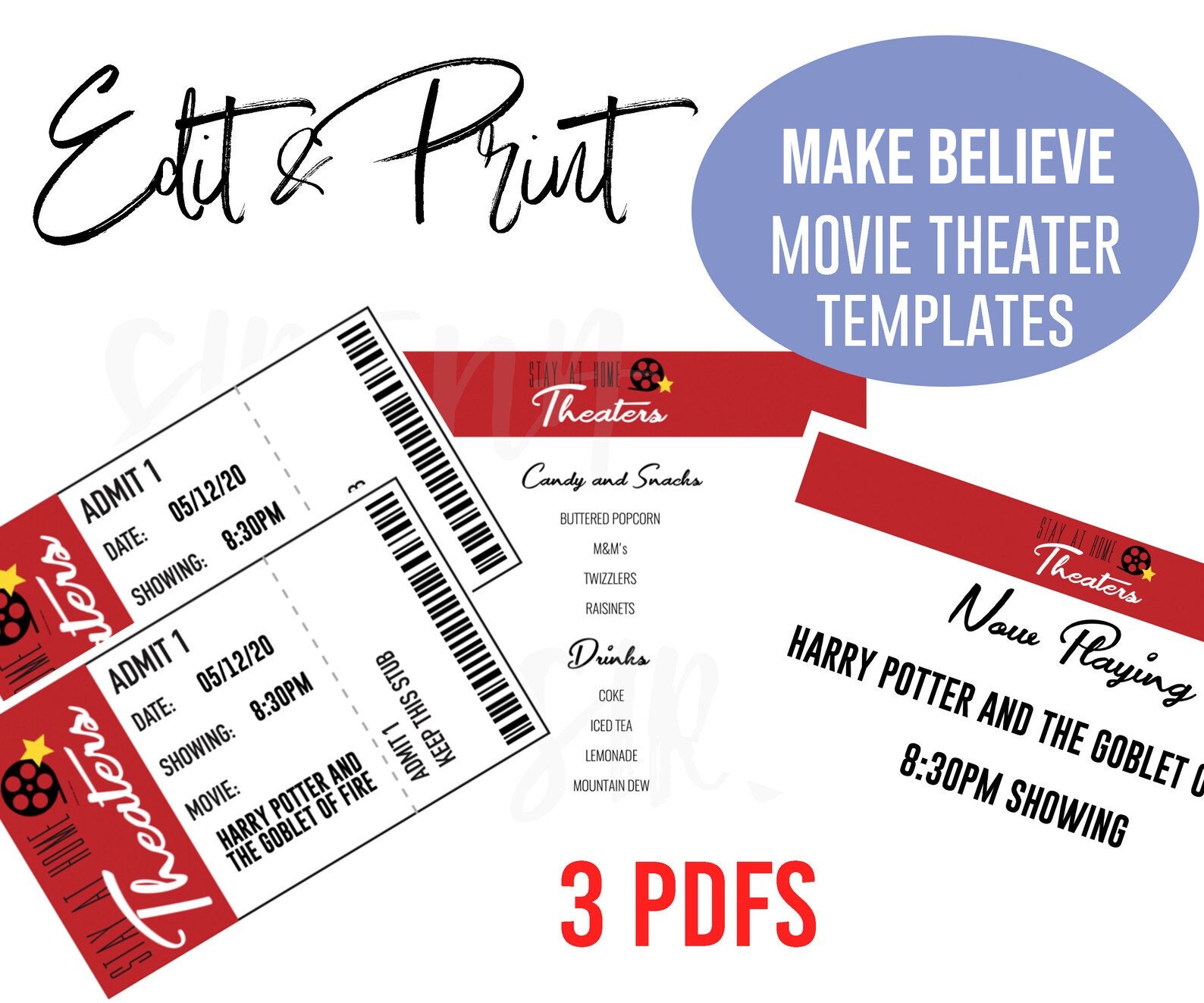 Custom Pretend Movie Theater Template, Tickets, Snacks Menu, Make