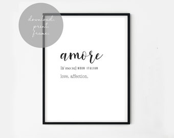 Amore Definition Print, Printable Wall Art, Digital Download, Poster, Italian Word, Black and White, Minimalist Decor, Language Print,